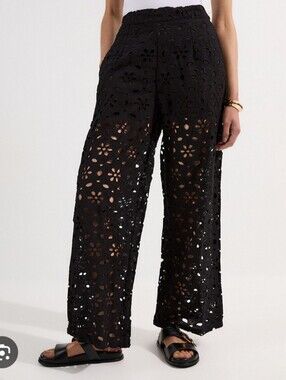 🆕️ 4OUR DREAMERS Black Floral Crochet Wide-Leg 100% Cotton Pants Size L